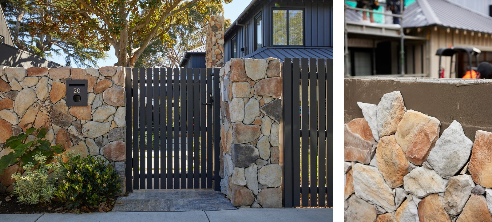 The Block 2023 - Steph and Gian's light coloured stone facade fence and dark contrasted gate.