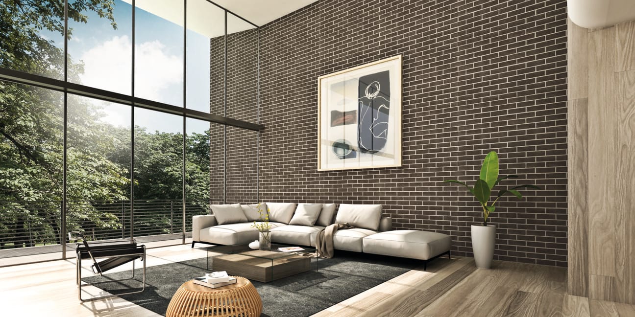 Exterior bricks used in stylish interior designer home.