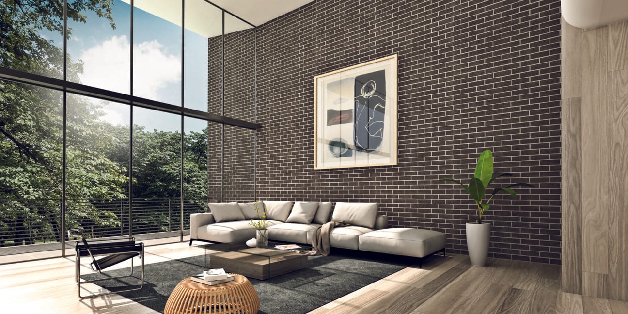 Exterior bricks used in stylish interior designer home.