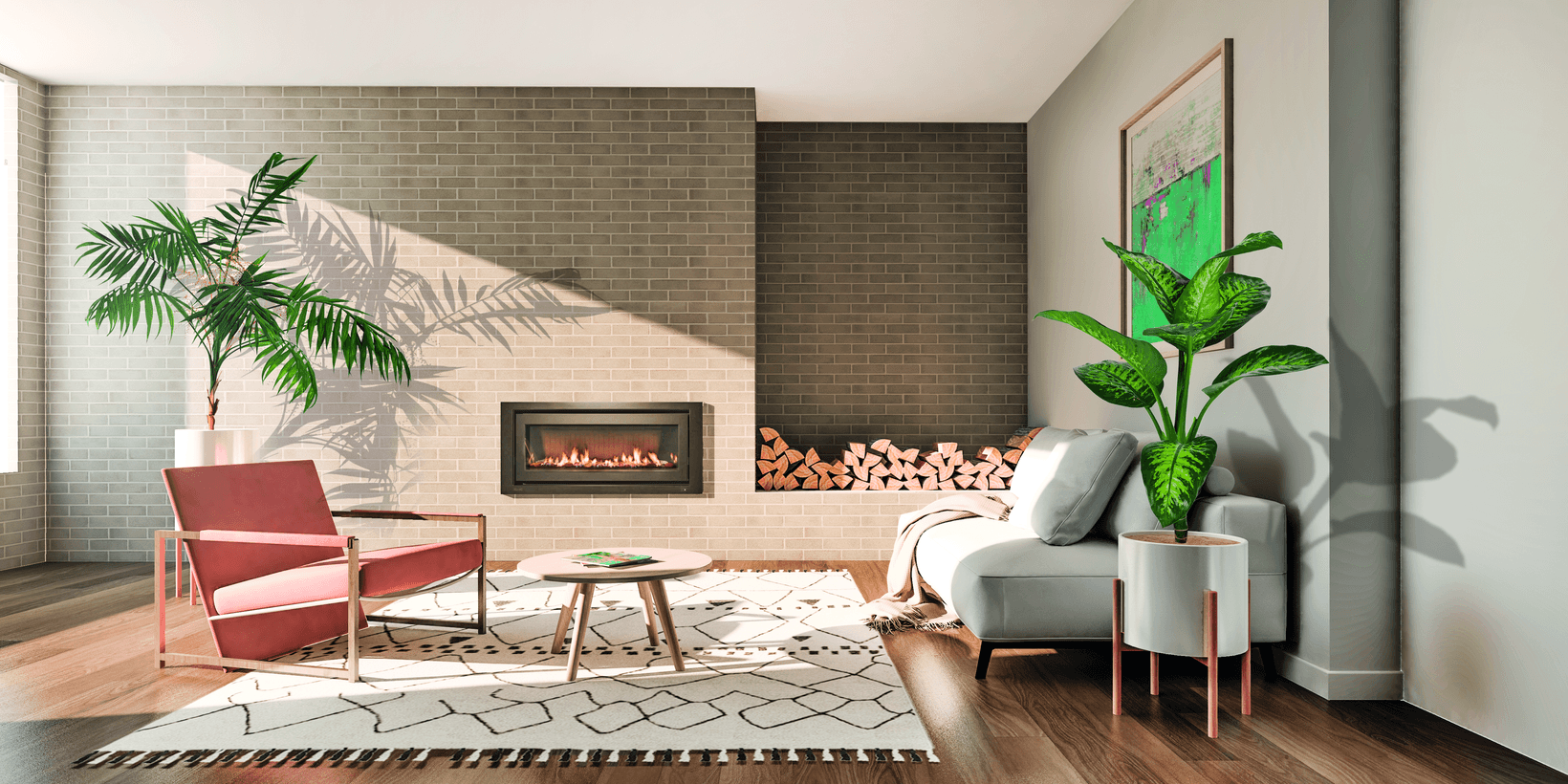 Ginseng brick from PGH in Zen by Nature range on interior living feature fireplace 