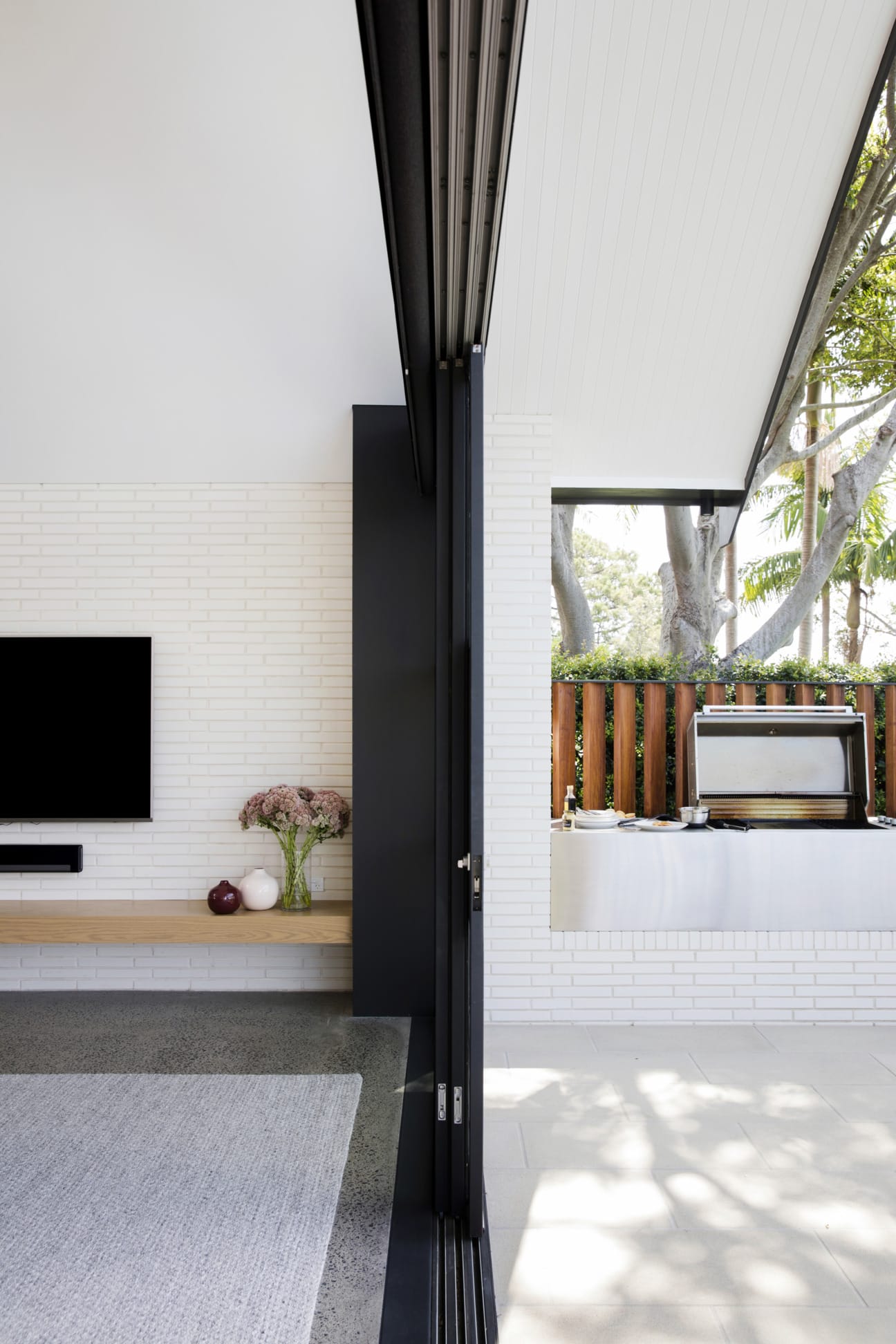 Exterior bricks used in stylish interior designer home.