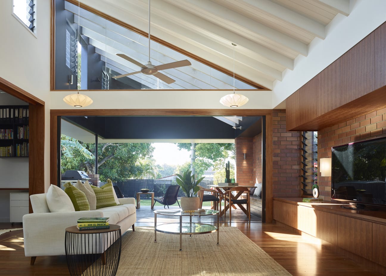 Exterior bricks used in stylish interior designer home.