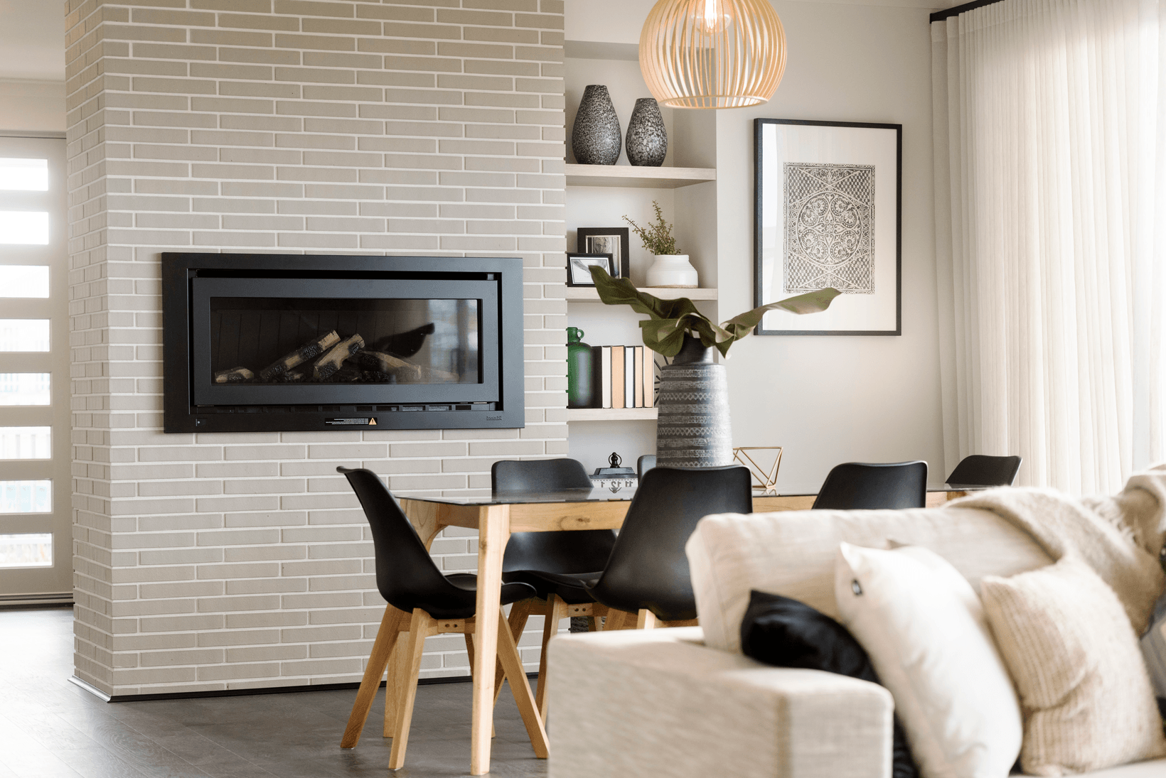 Ceniza Linear brick from PGH in Morada range feature fireplace living area