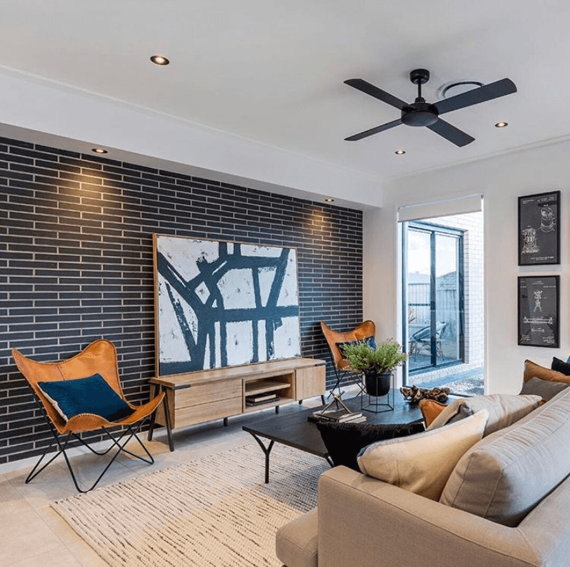 Nero Linear brick from PGH in Morada range living area feature wall