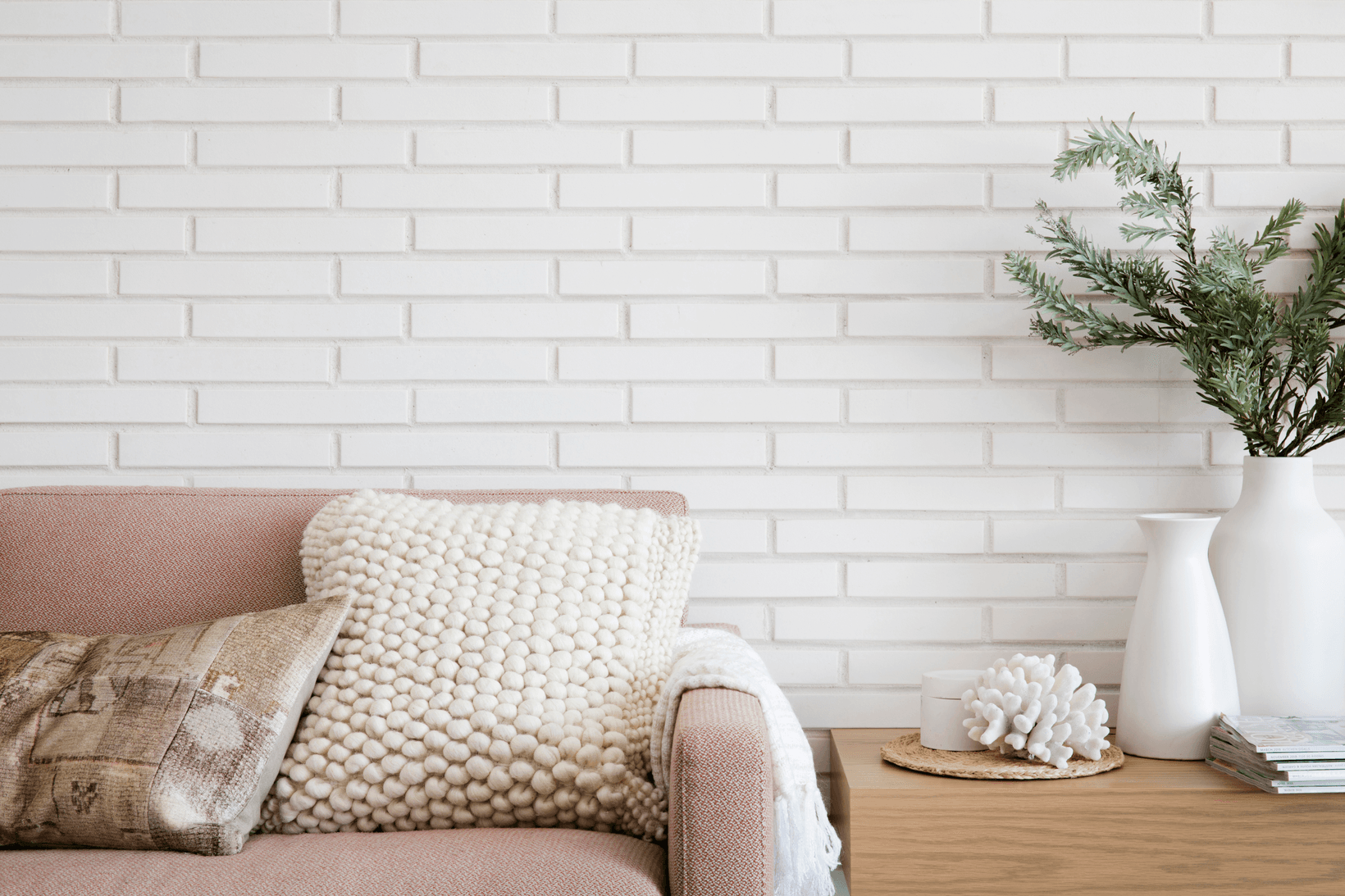 Blanco Linear brick from PGH in Morada range living area fireplace feature wall