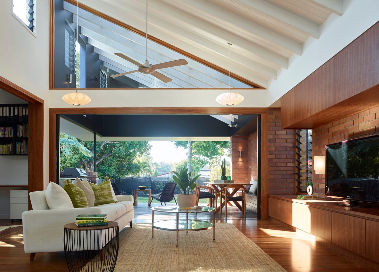 Exterior bricks used in stylish interior designer home.