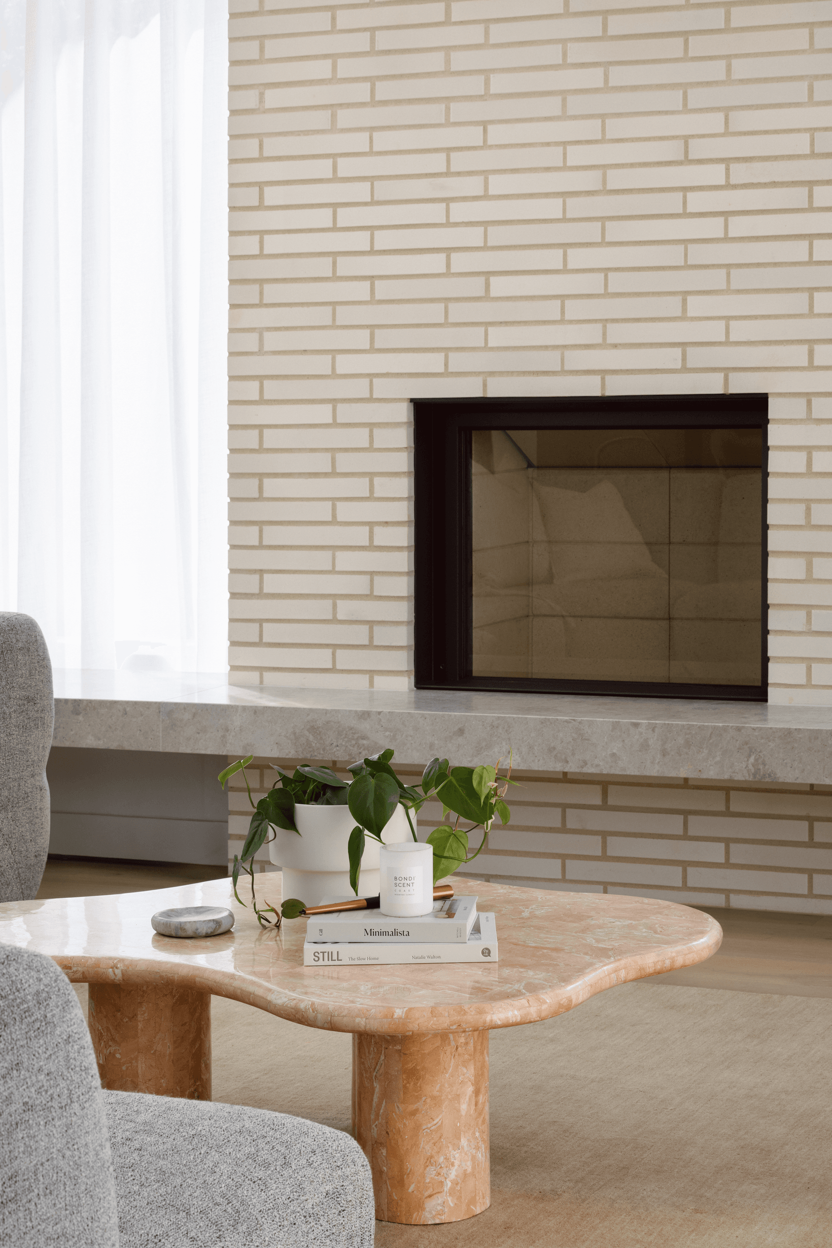 Blanco Linear brick from PGH in Morada range used on feature fireplace wall