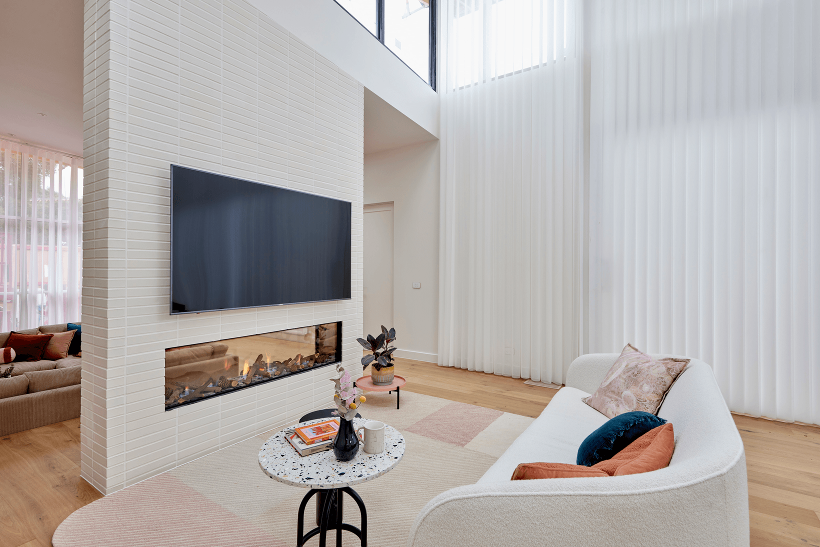 Blanco Linear brick from PGH in Morada range on feature fireplace house 3 The Block 2020