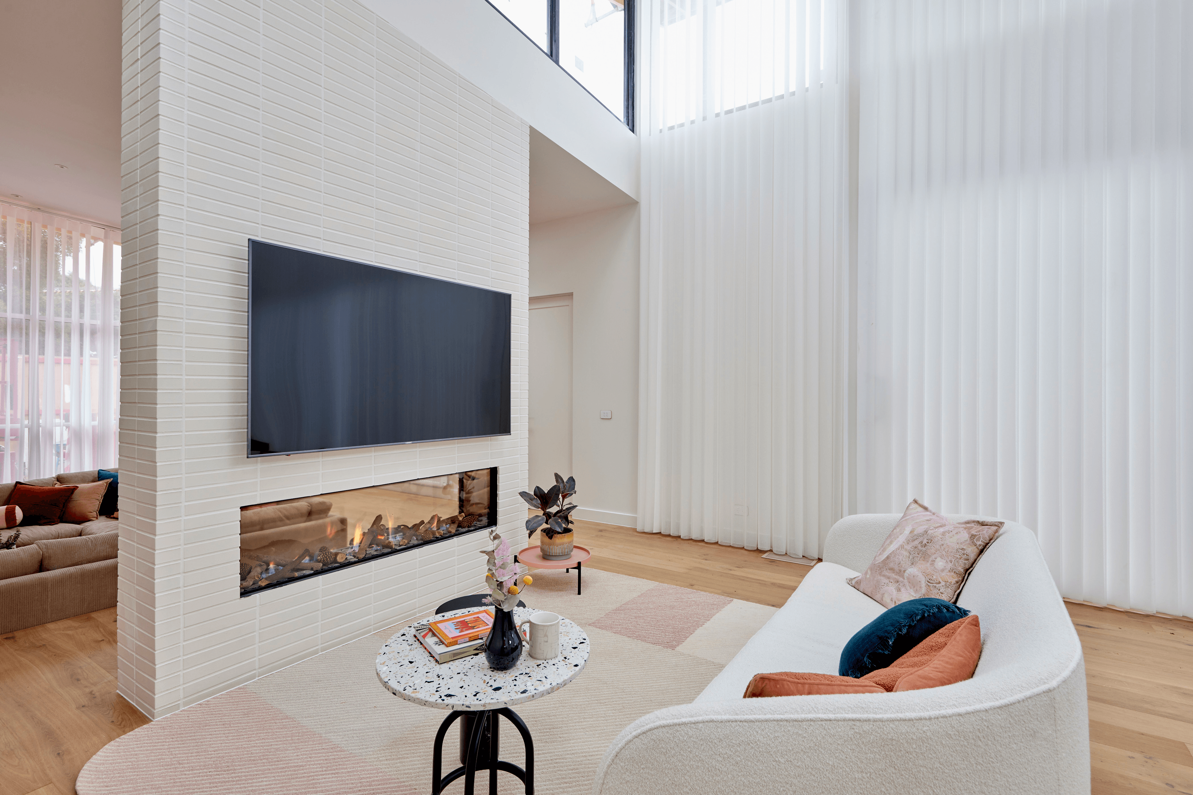 Blanco Linear brick from PGH in Morada range on feature fireplace house 3 The Block 2020