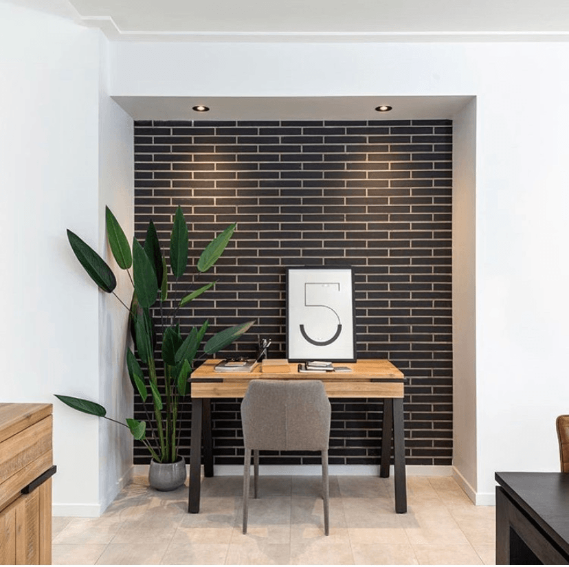Nero Linear brick from PGH in Morada range feature wall study nook, Rivergum Homes